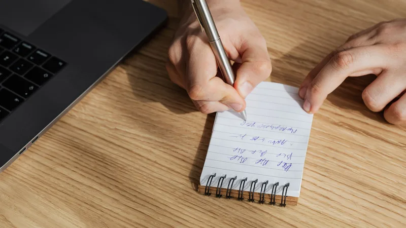 Een hand schrijft in een notitieblok naast een laptop op een houten tafel